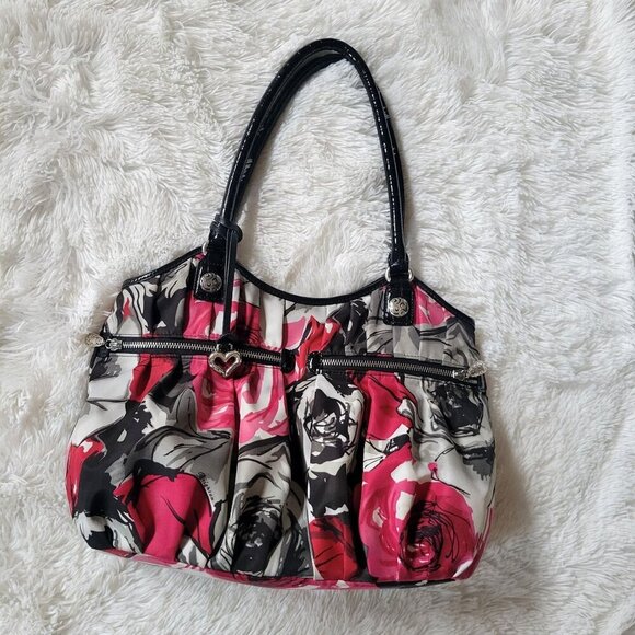Brighton Floral Madison Shoulder Purse Hobo Black Red Pink Gray Nylon - Picture 4 of 11